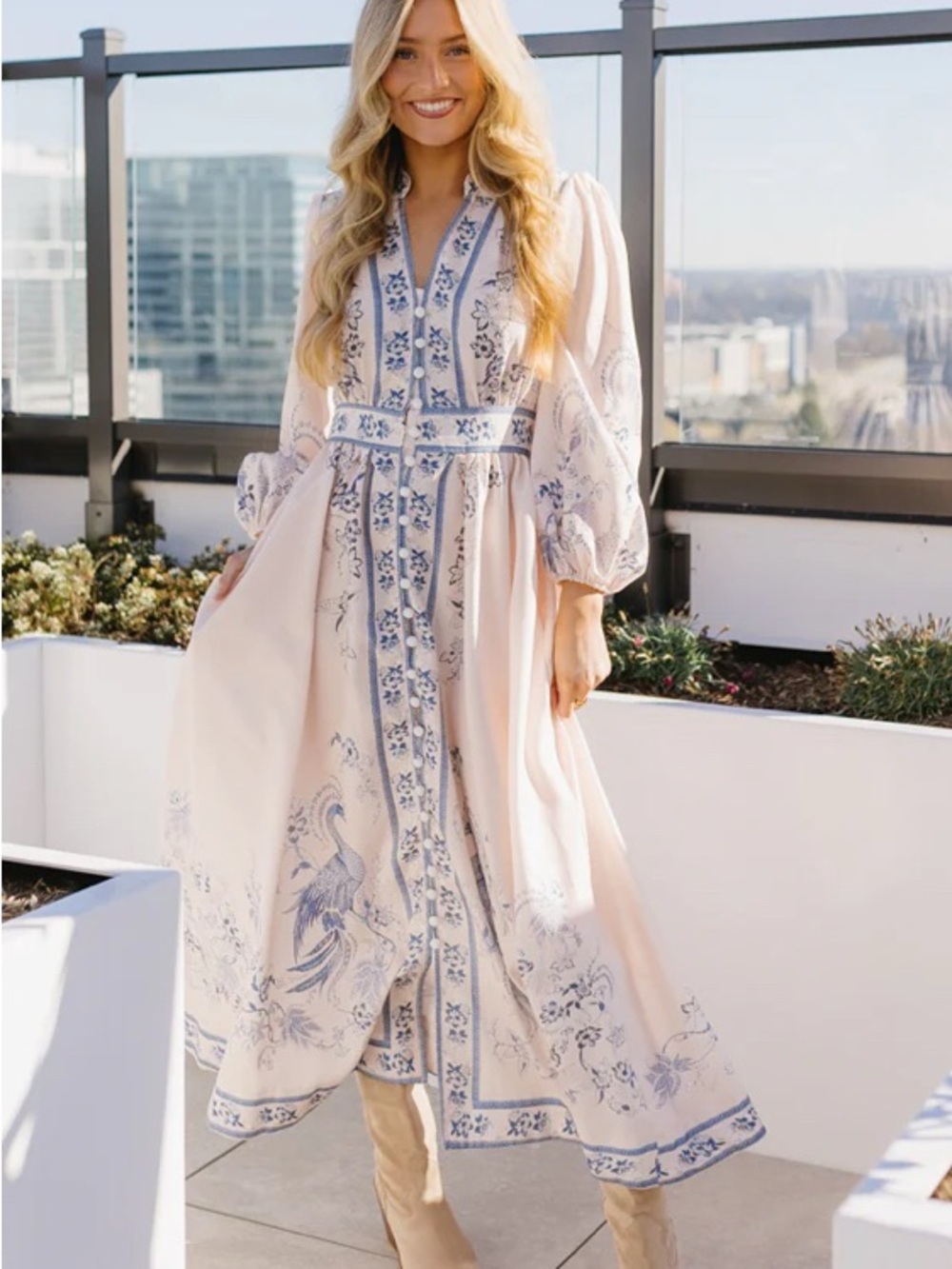 vestique Cream Maxi Dress with Blue Floral accents